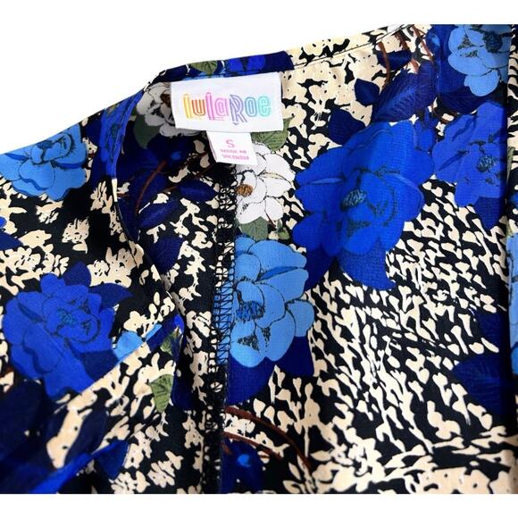 Lularoe Blue Floral Open Kimono Blouse Sz S Layering Top Long Fit Short Sleeve - Picture 2 of 5